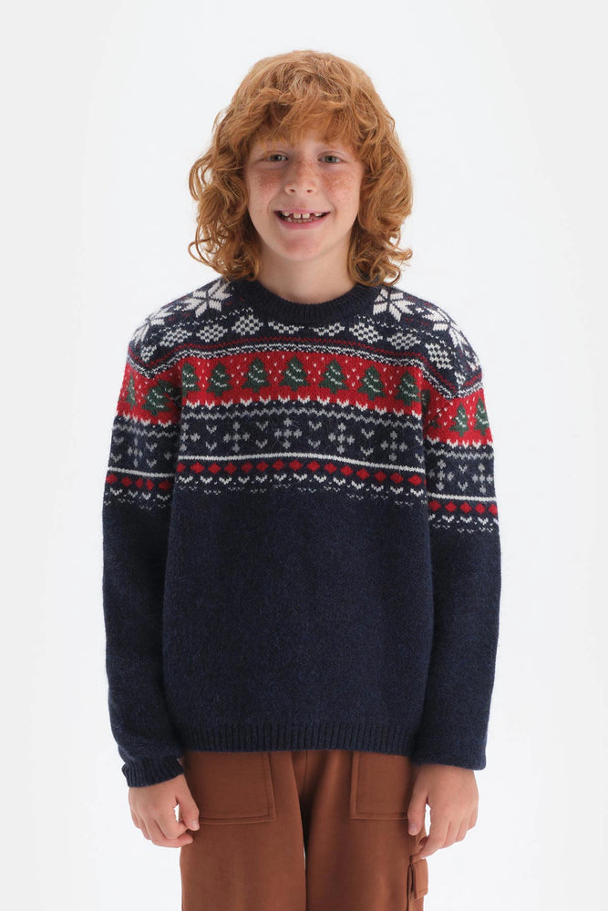 Lacivert Erkek Çocuk Yılbaşı Temalı Oversize Triko Kazak