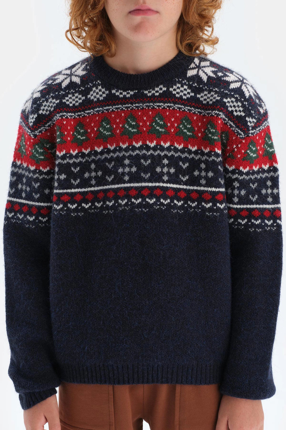 Lacivert Erkek Çocuk Yılbaşı Temalı Oversize Triko Kazak