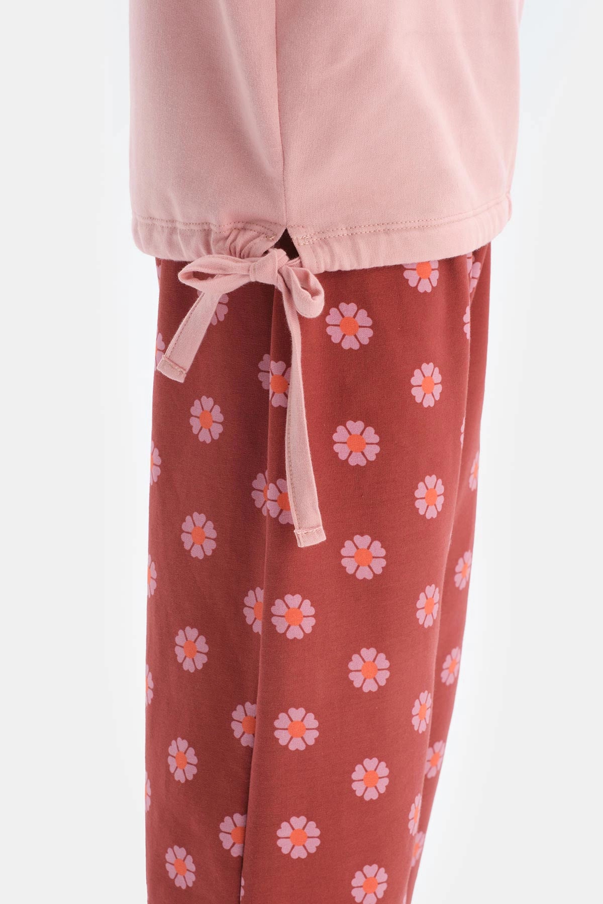 Pembe Kız Çocuk Uzun Kol Bisiklet Yaka Etek Ucu Bağlama Detaylı Sweatshırt