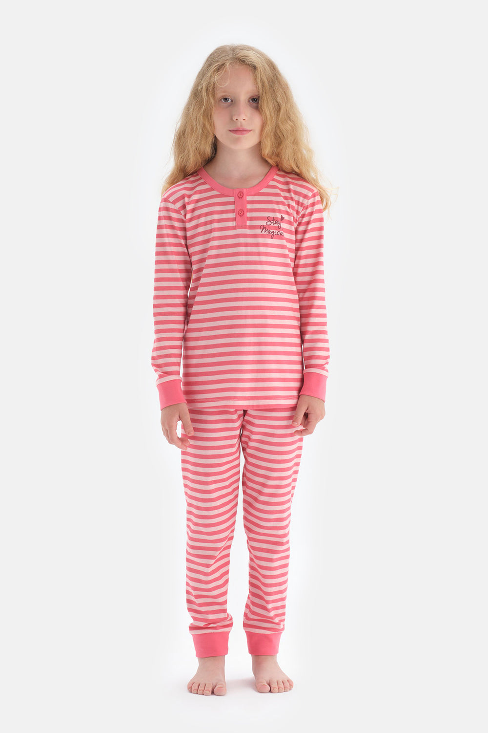 Pembe Kız Çocuk Bisiklet Yaka Çizgili Pijama Takım