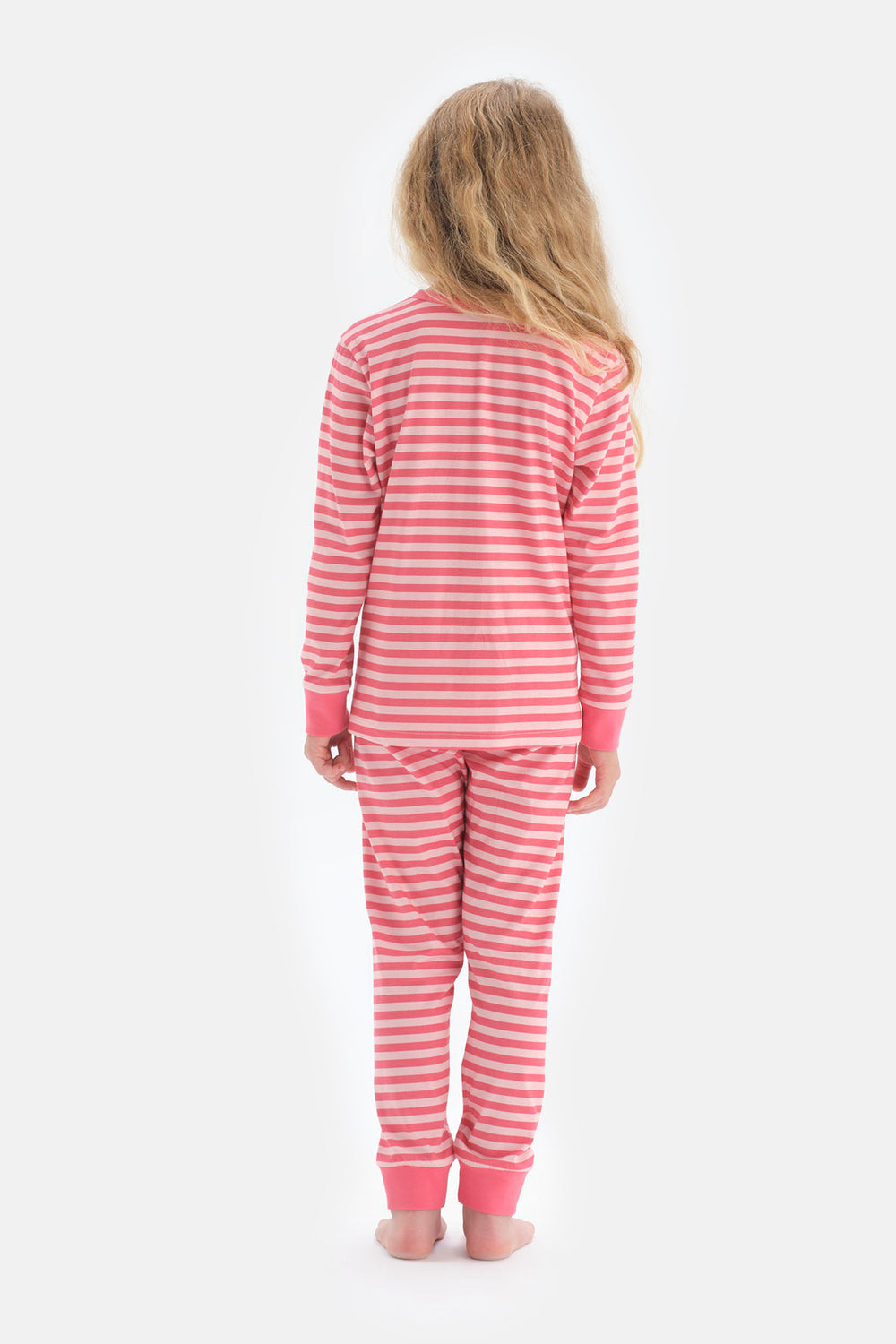 Pembe Kız Çocuk Bisiklet Yaka Çizgili Pijama Takım