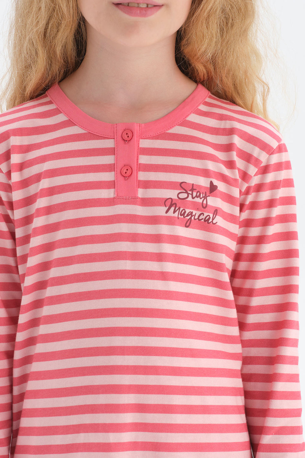 Pembe Kız Çocuk Bisiklet Yaka Çizgili Pijama Takım