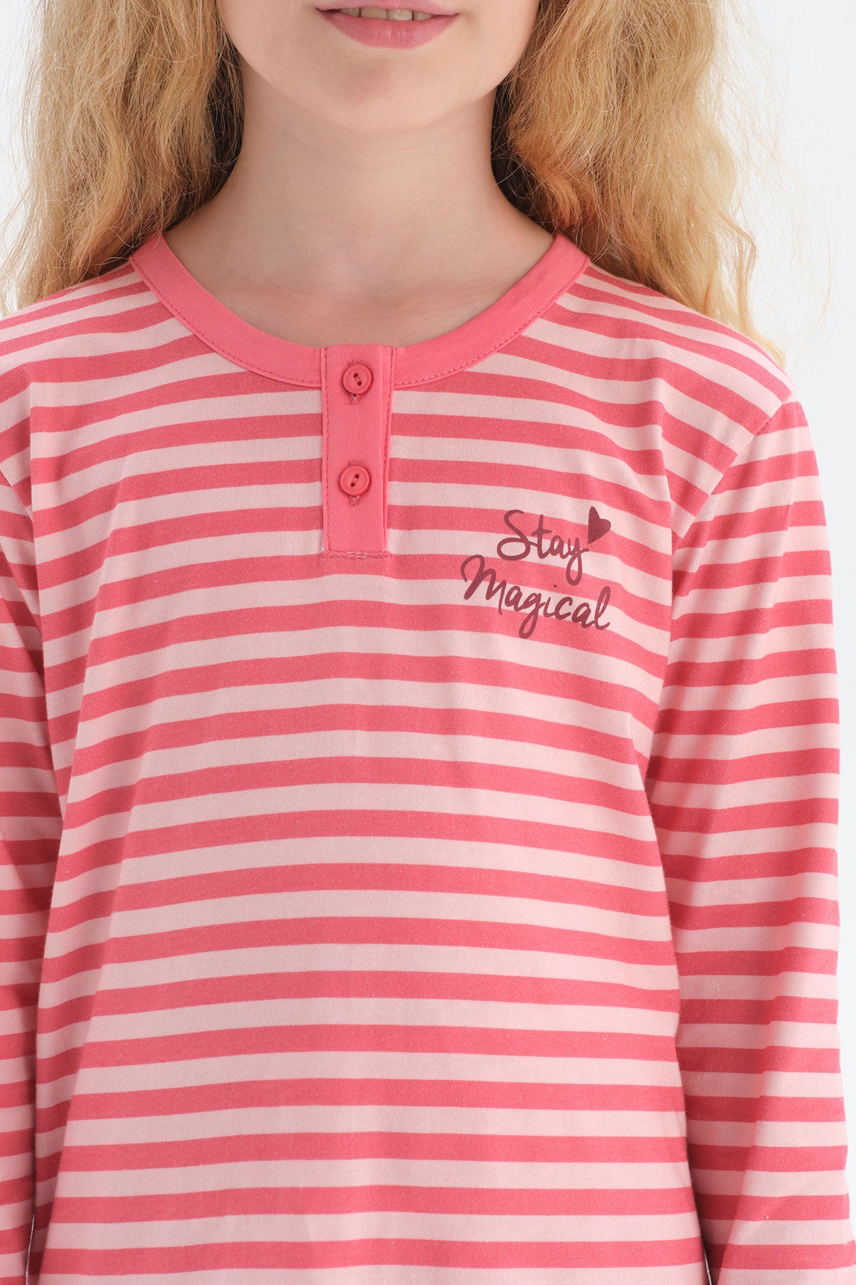 Pembe Kız Çocuk Bisiklet Yaka Çizgili Pijama Takım