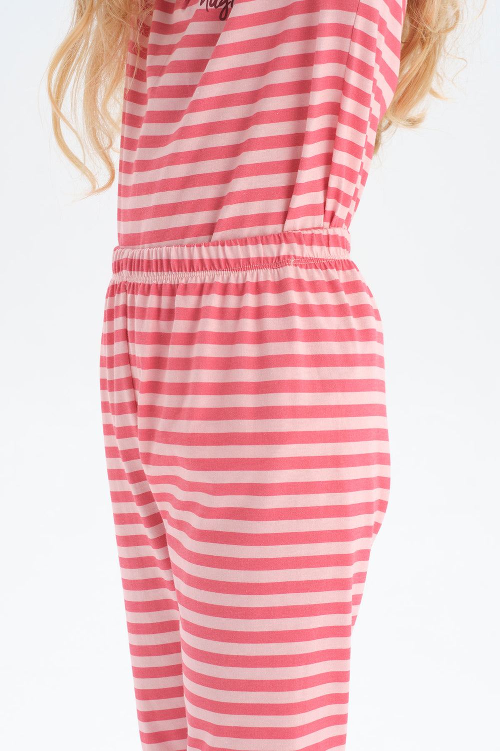 Pembe Kız Çocuk Bisiklet Yaka Çizgili Pijama Takım