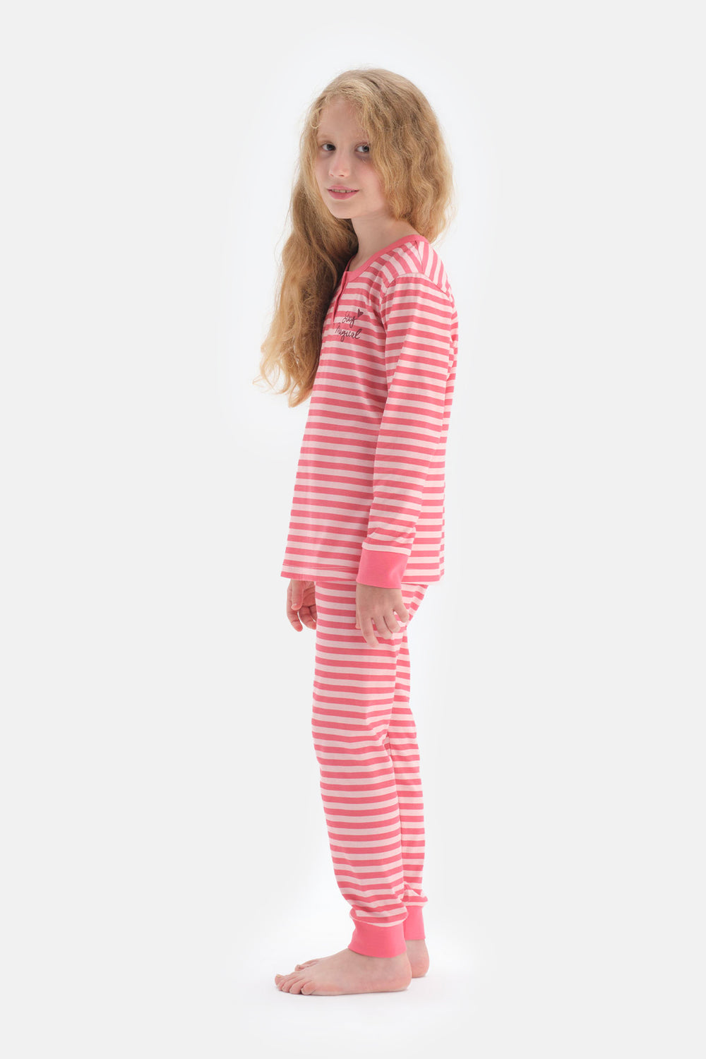 Pembe Kız Çocuk Bisiklet Yaka Çizgili Pijama Takım