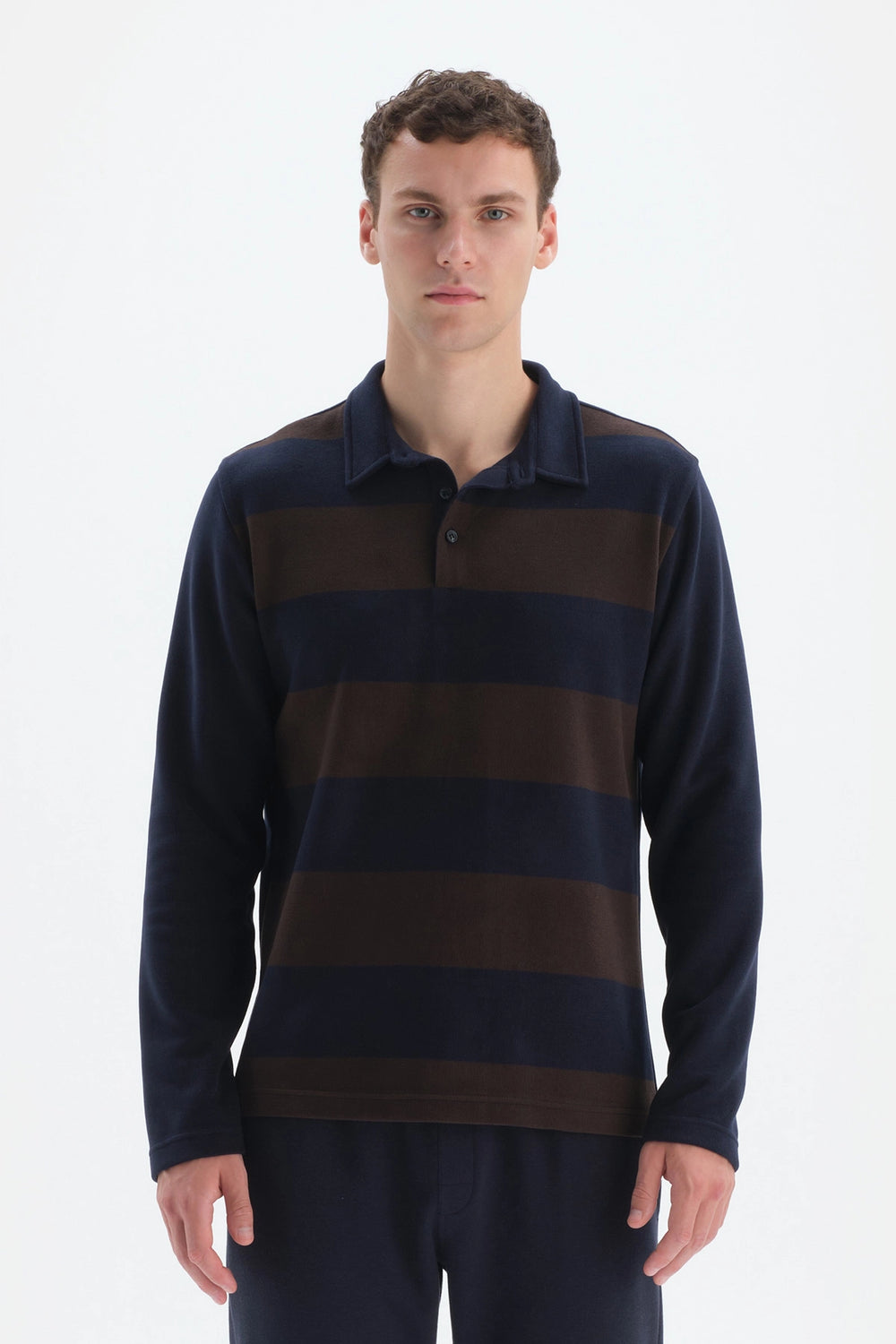 Lacivert Çizgili Garnili Polo Yaka Yarım Patlı Sweatshirt