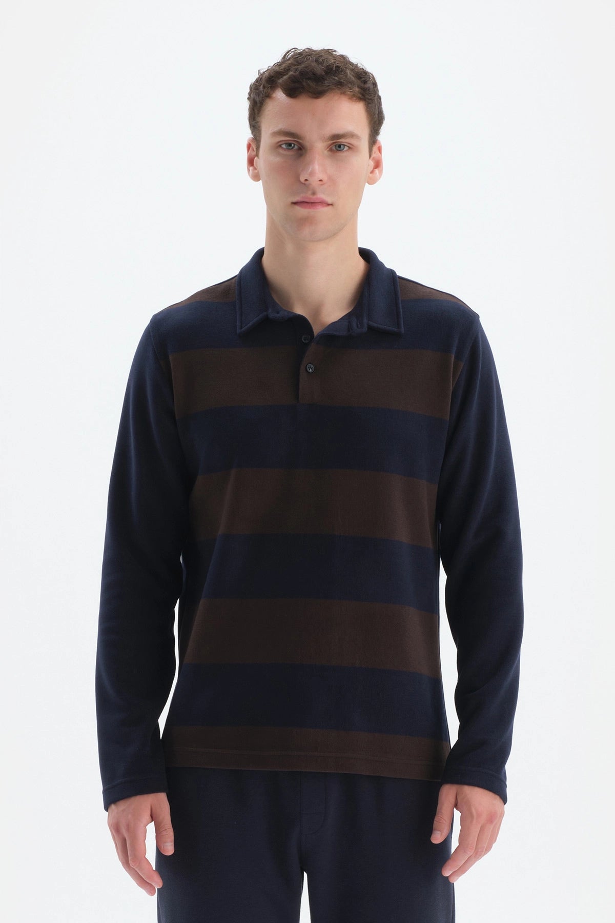 Lacivert Çizgili Garnili Polo Yaka Yarım Patlı Sweatshirt