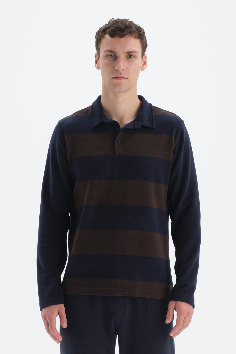 Lacivert Çizgili Garnili Polo Yaka Yarım Patlı Sweatshirt