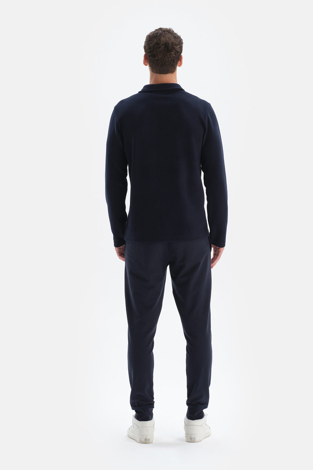 Lacivert Çizgili Garnili Polo Yaka Yarım Patlı Sweatshirt