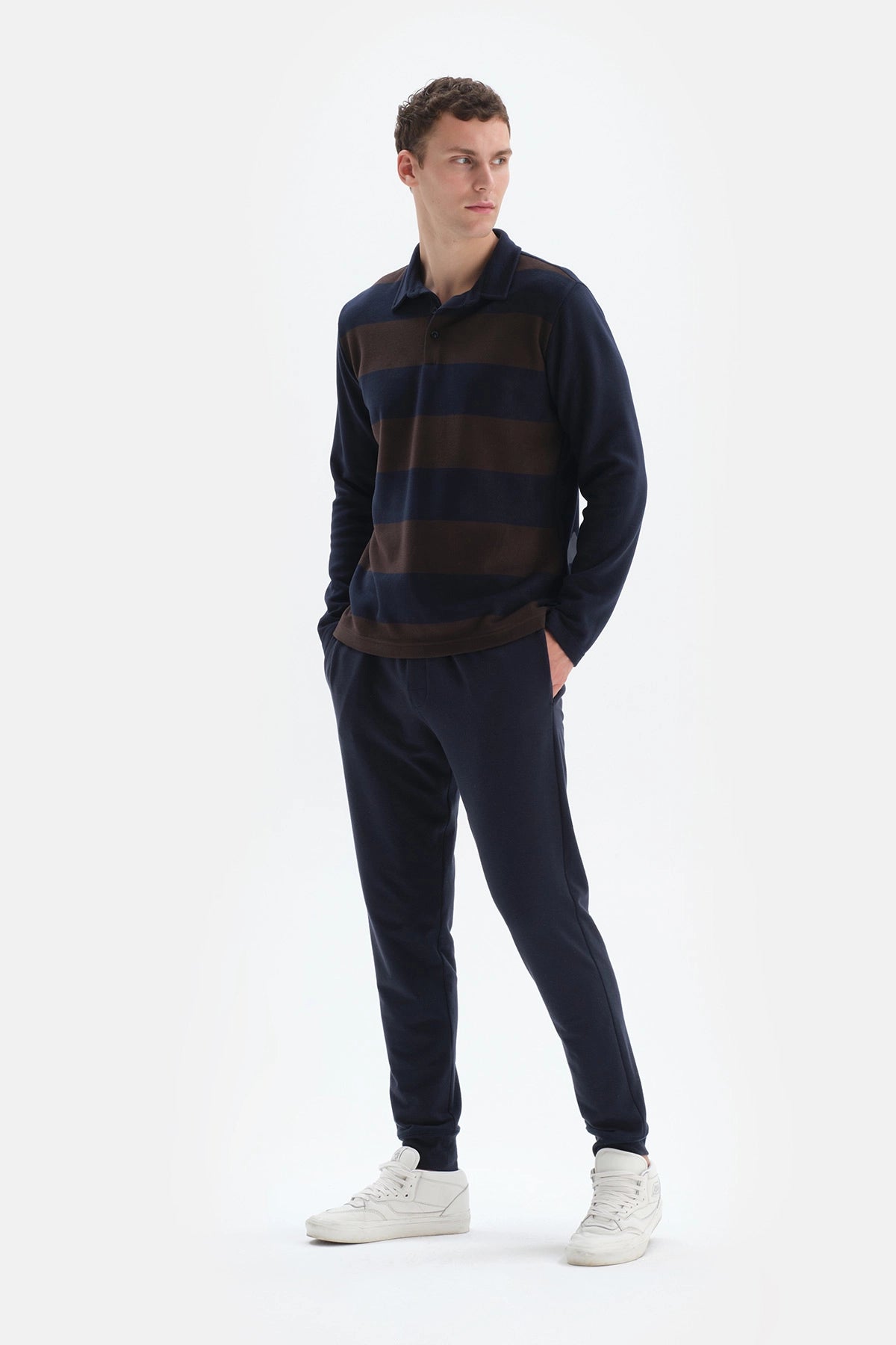 Lacivert Çizgili Garnili Polo Yaka Yarım Patlı Sweatshirt