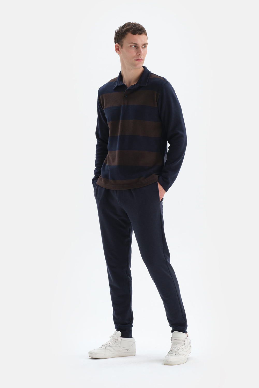 Lacivert Çizgili Garnili Polo Yaka Yarım Patlı Sweatshirt