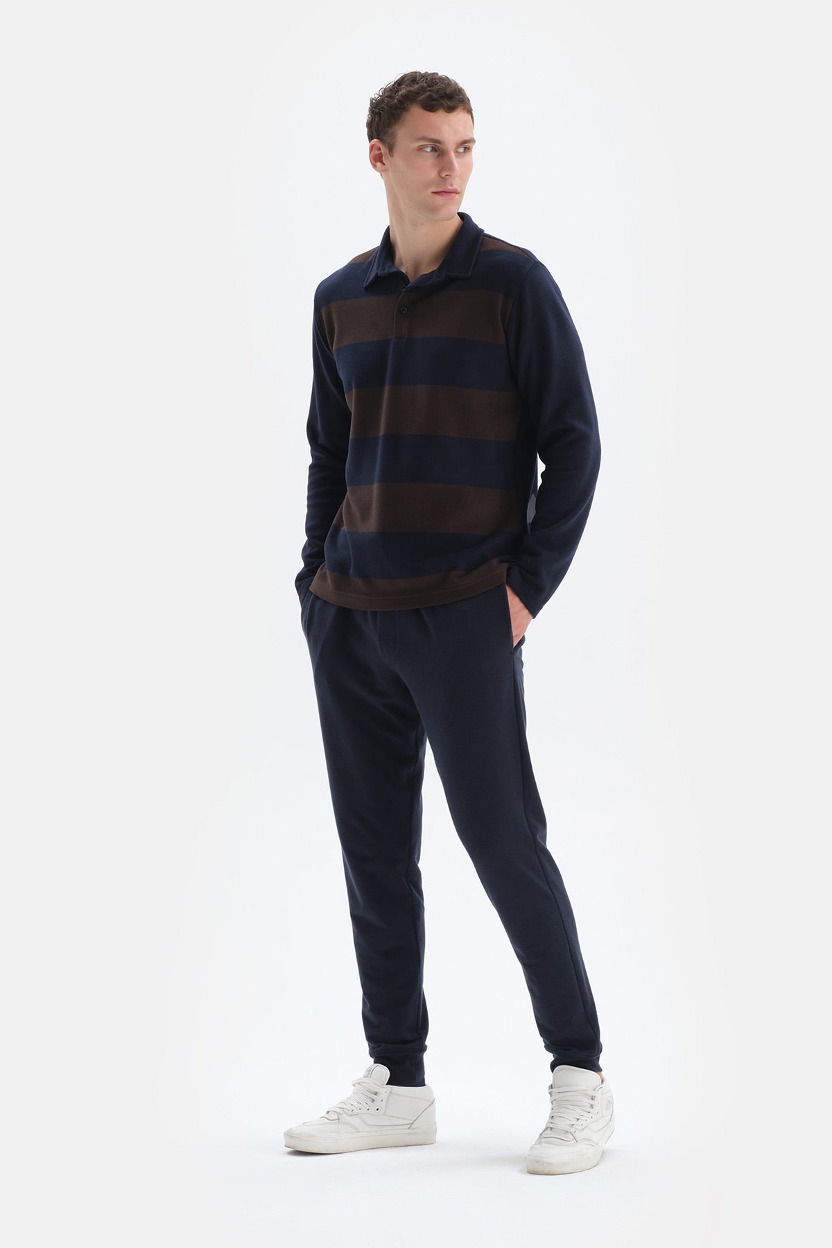 Lacivert Çizgili Garnili Polo Yaka Yarım Patlı Sweatshirt