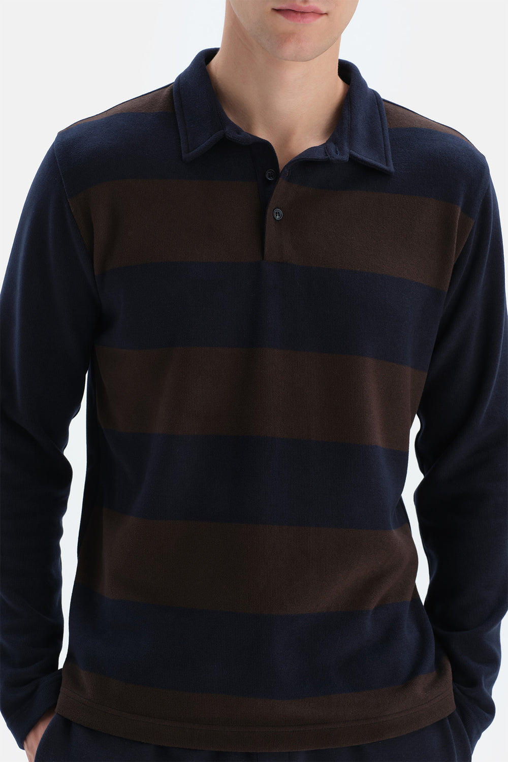 Lacivert Çizgili Garnili Polo Yaka Yarım Patlı Sweatshirt