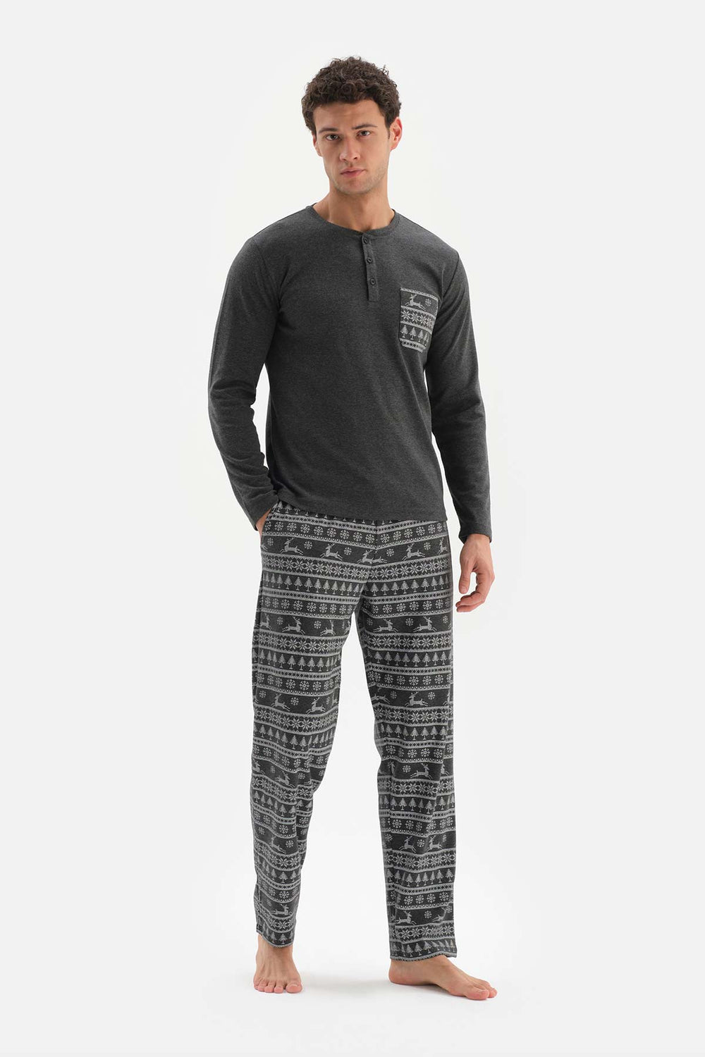 Antrasit Düğmeli Yaka Takma Cep Detaylı Pijama Takımı