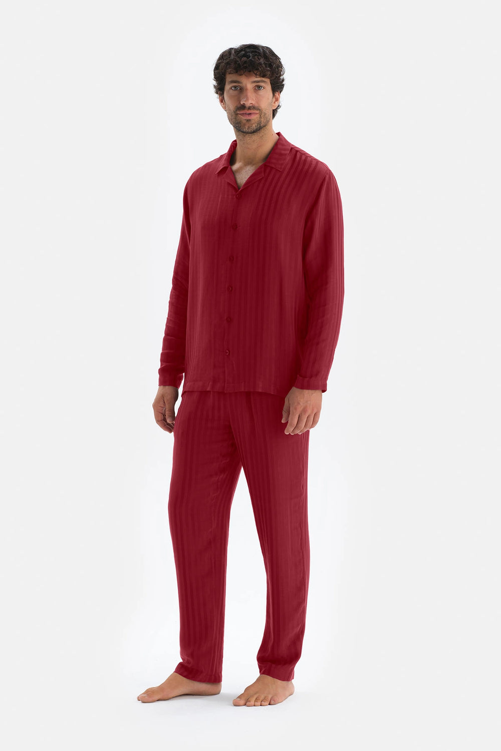 Bordo Uzun Kol Ceket Yaka Saten Pijama Takımı