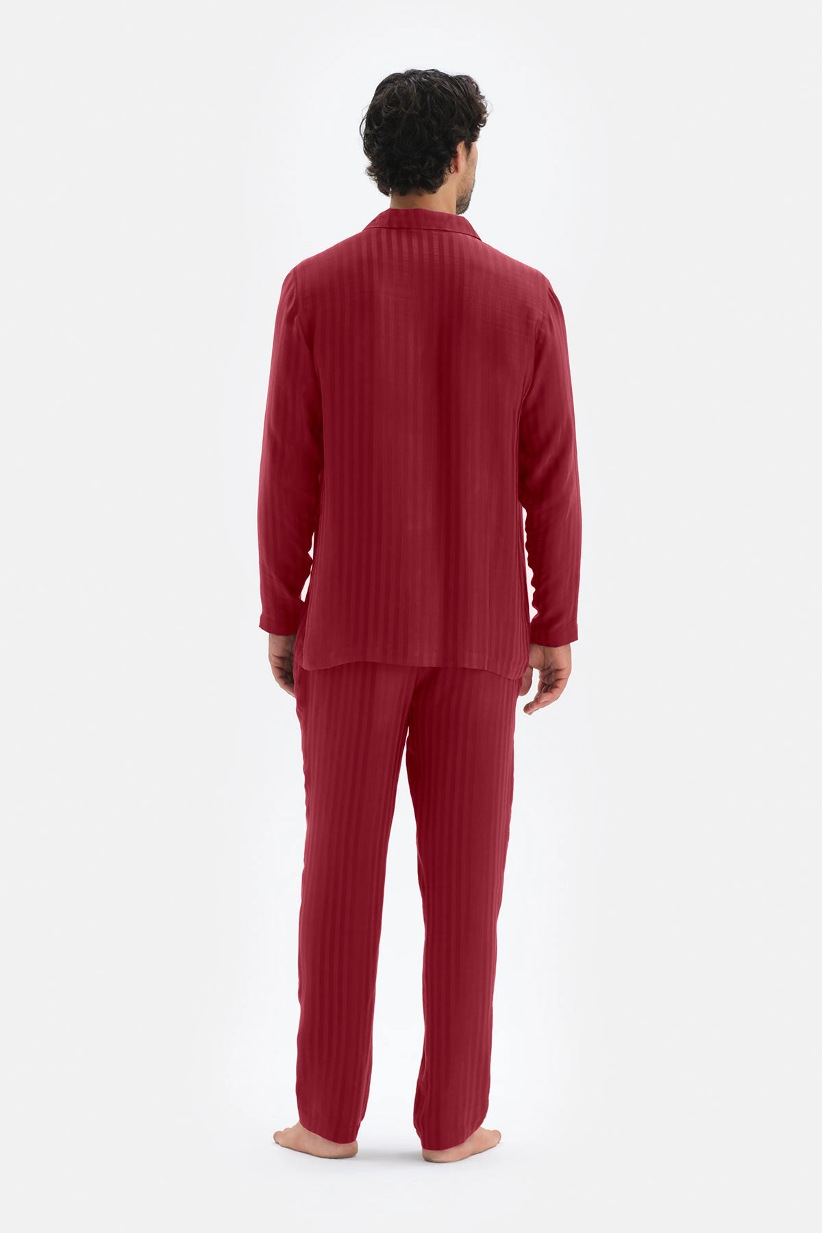 Bordo Uzun Kol Ceket Yaka Saten Pijama Takımı