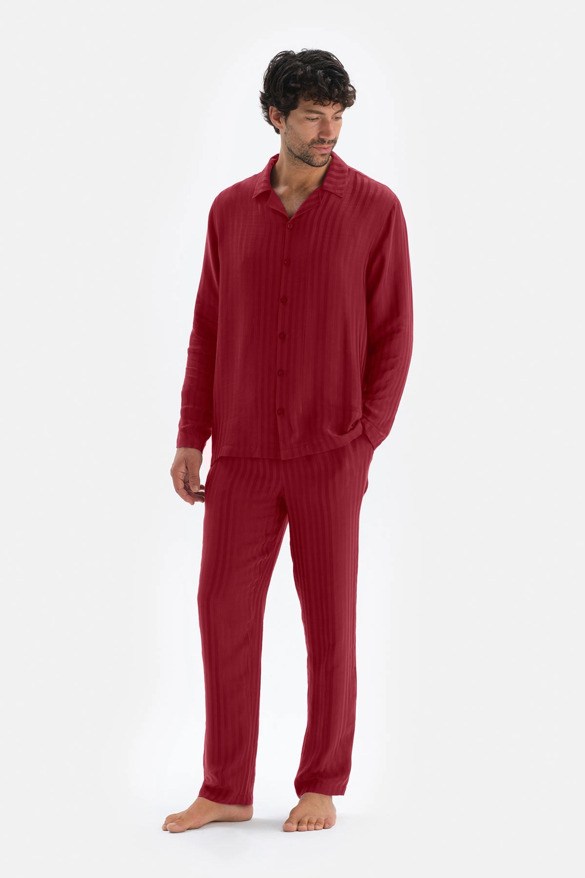 Bordo Uzun Kol Ceket Yaka Saten Pijama Takımı