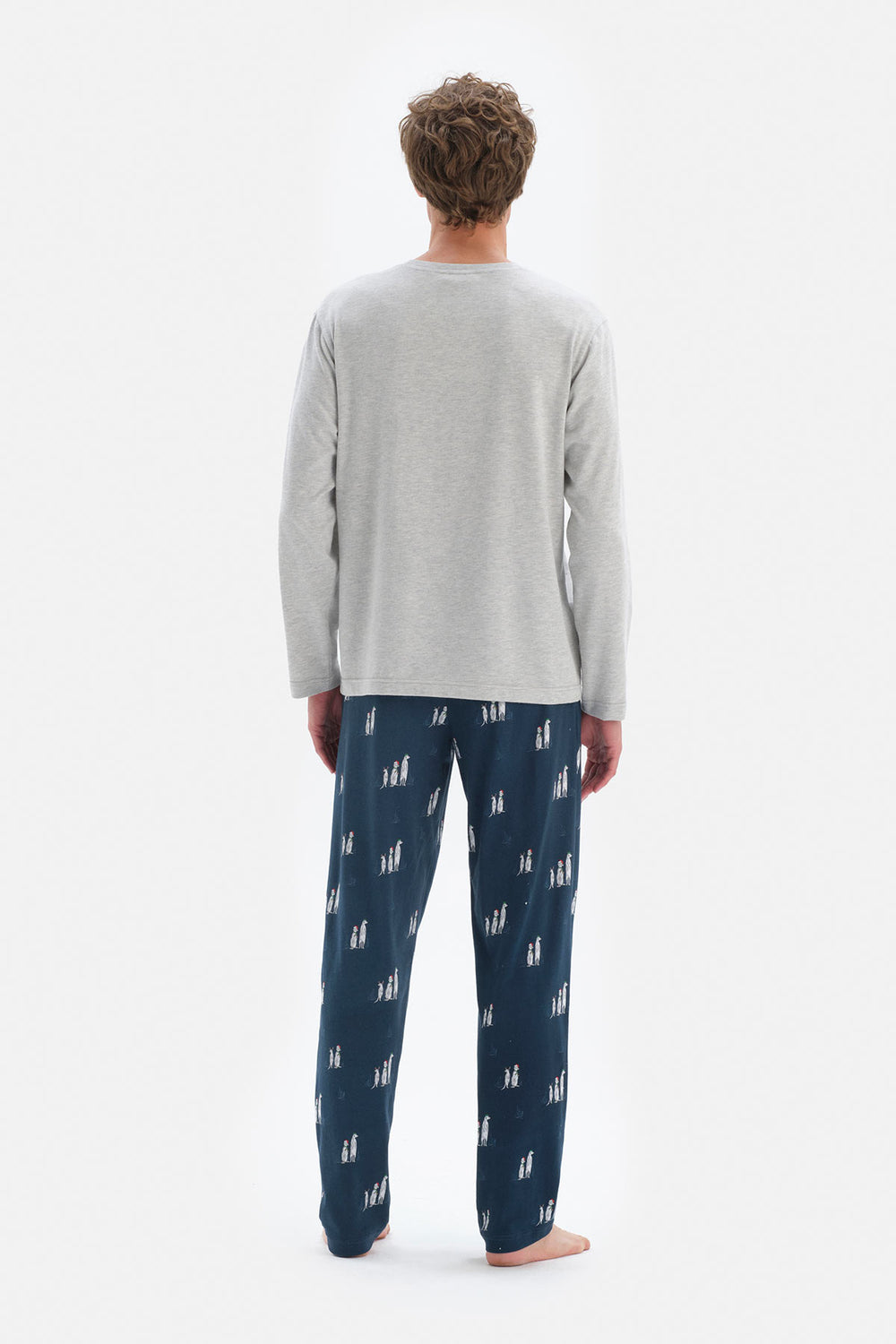 Gri Uzun Kol Bisiklet Yaka Pamuklu Pijama Takımı