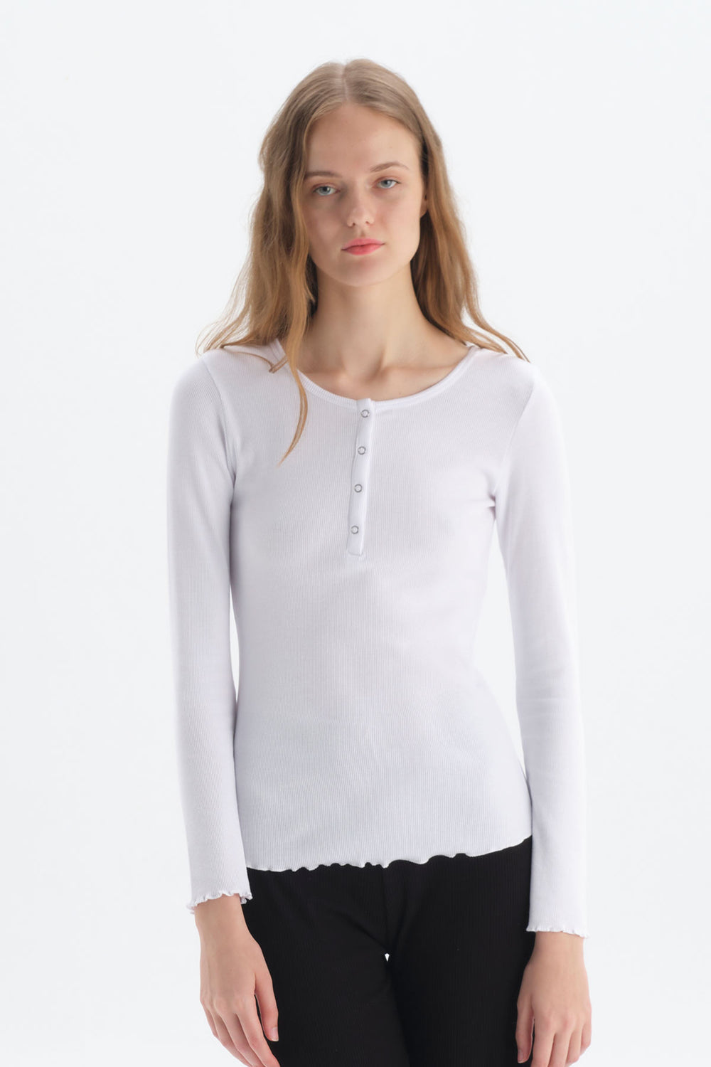 Beyaz Uzun Kol Bisiklet Yaka Pamuklu Pijama Üstü