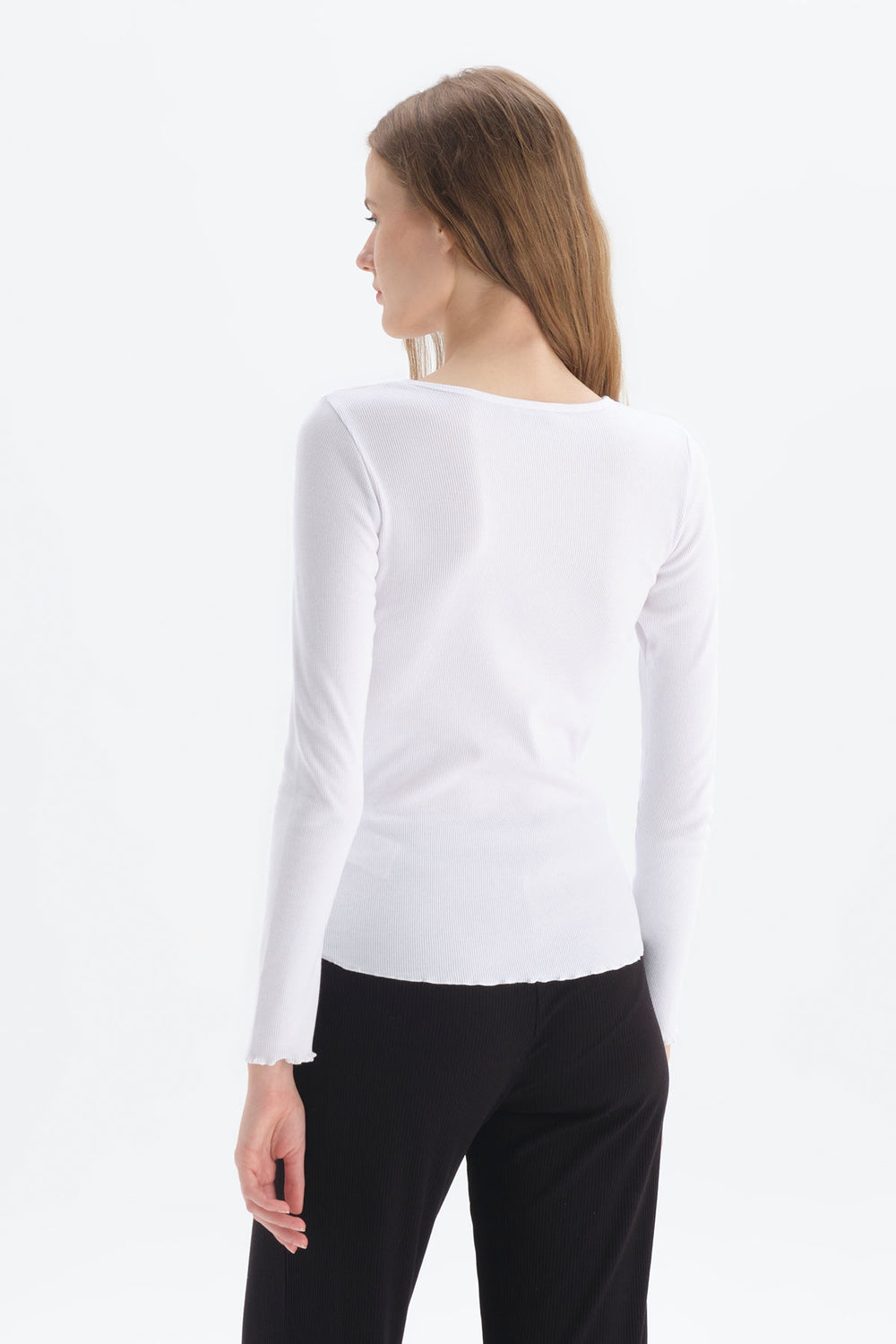 Beyaz Uzun Kol Bisiklet Yaka Pamuklu Pijama Üstü