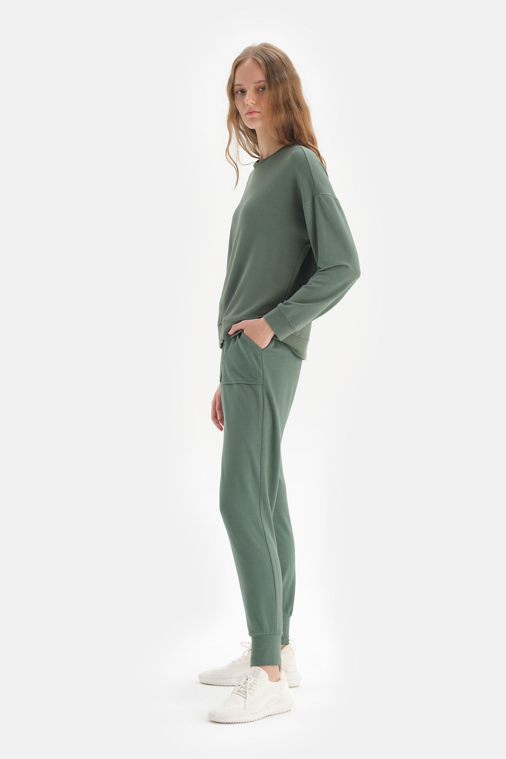 Yeşil Bisiklet Yaka Uzun Kol Sweatshirt