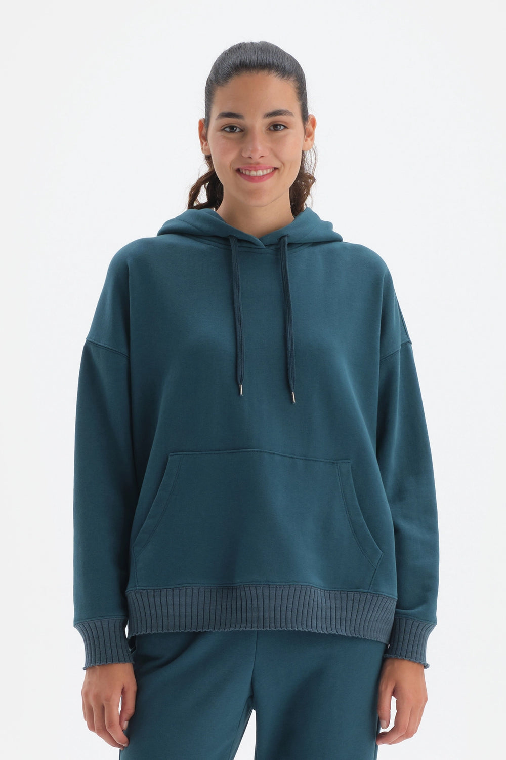 Petrol Kapüşonlu Oversize Pamuklu Sweatshirt