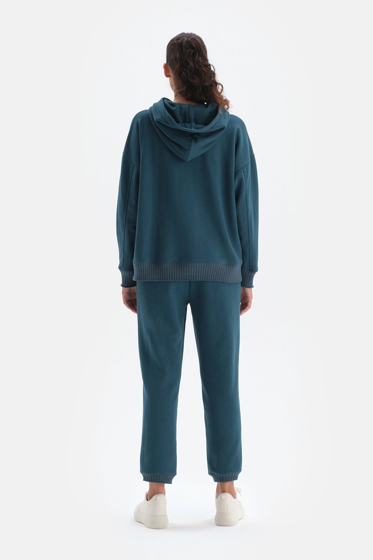 Petrol Kapüşonlu Oversize Pamuklu Sweatshirt