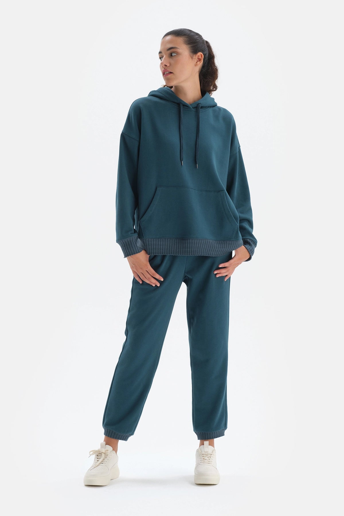 Petrol Kapüşonlu Oversize Pamuklu Sweatshirt