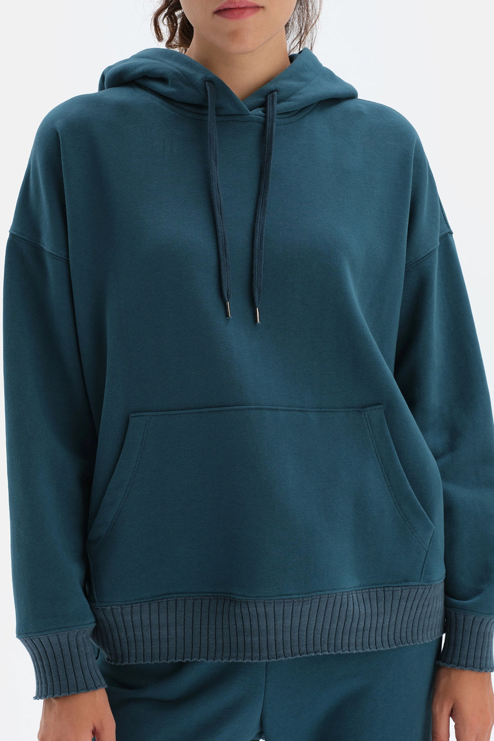 Petrol Kapüşonlu Oversize Pamuklu Sweatshirt