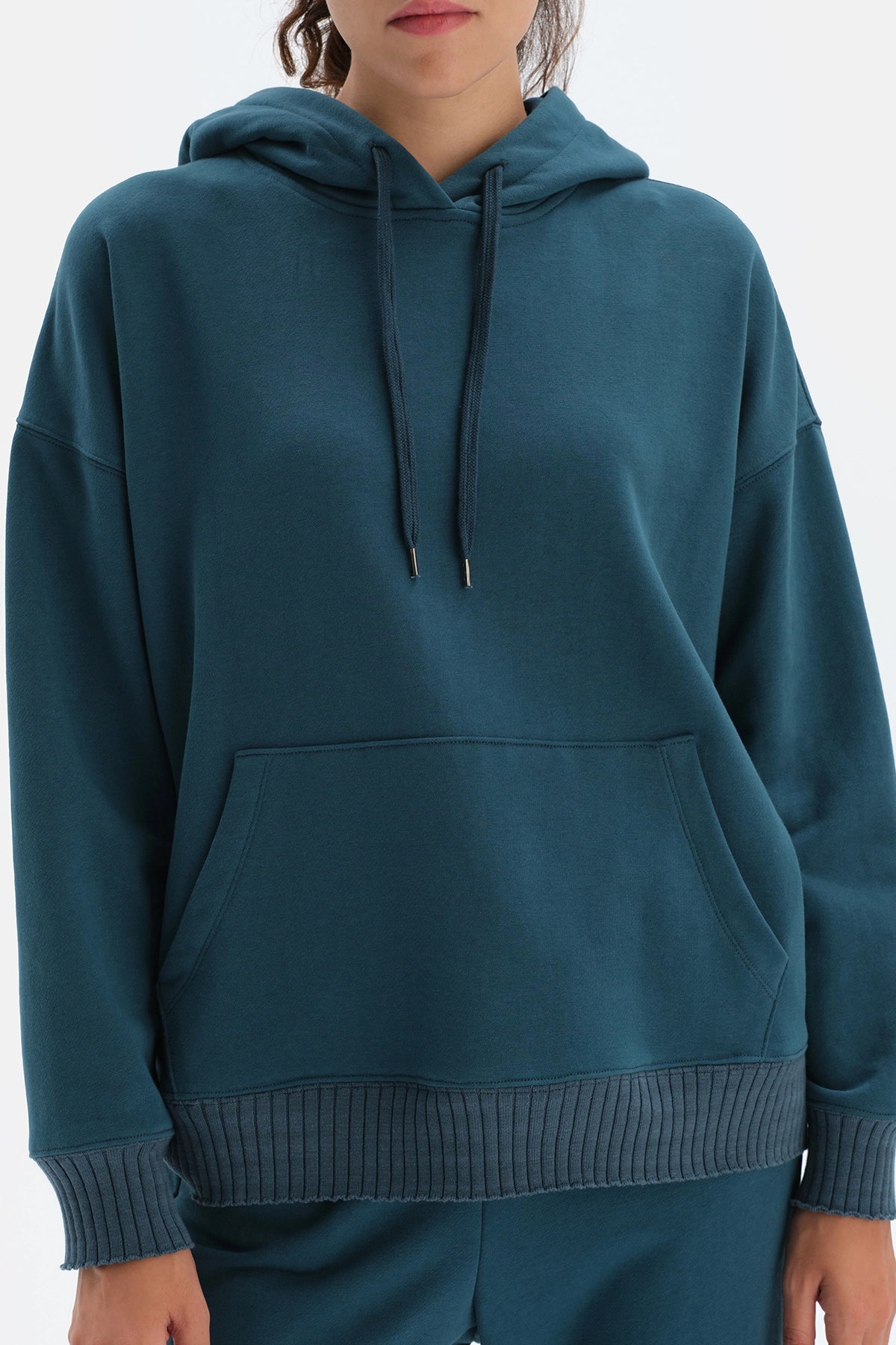 Petrol Kapüşonlu Oversize Pamuklu Sweatshirt