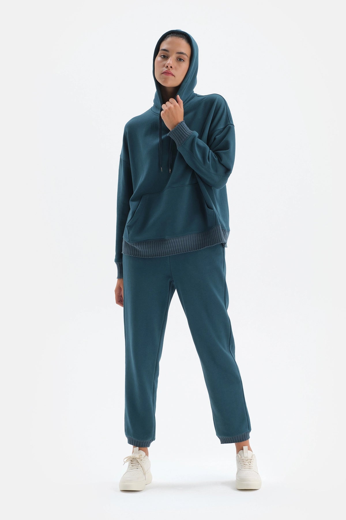 Petrol Kapüşonlu Oversize Pamuklu Sweatshirt