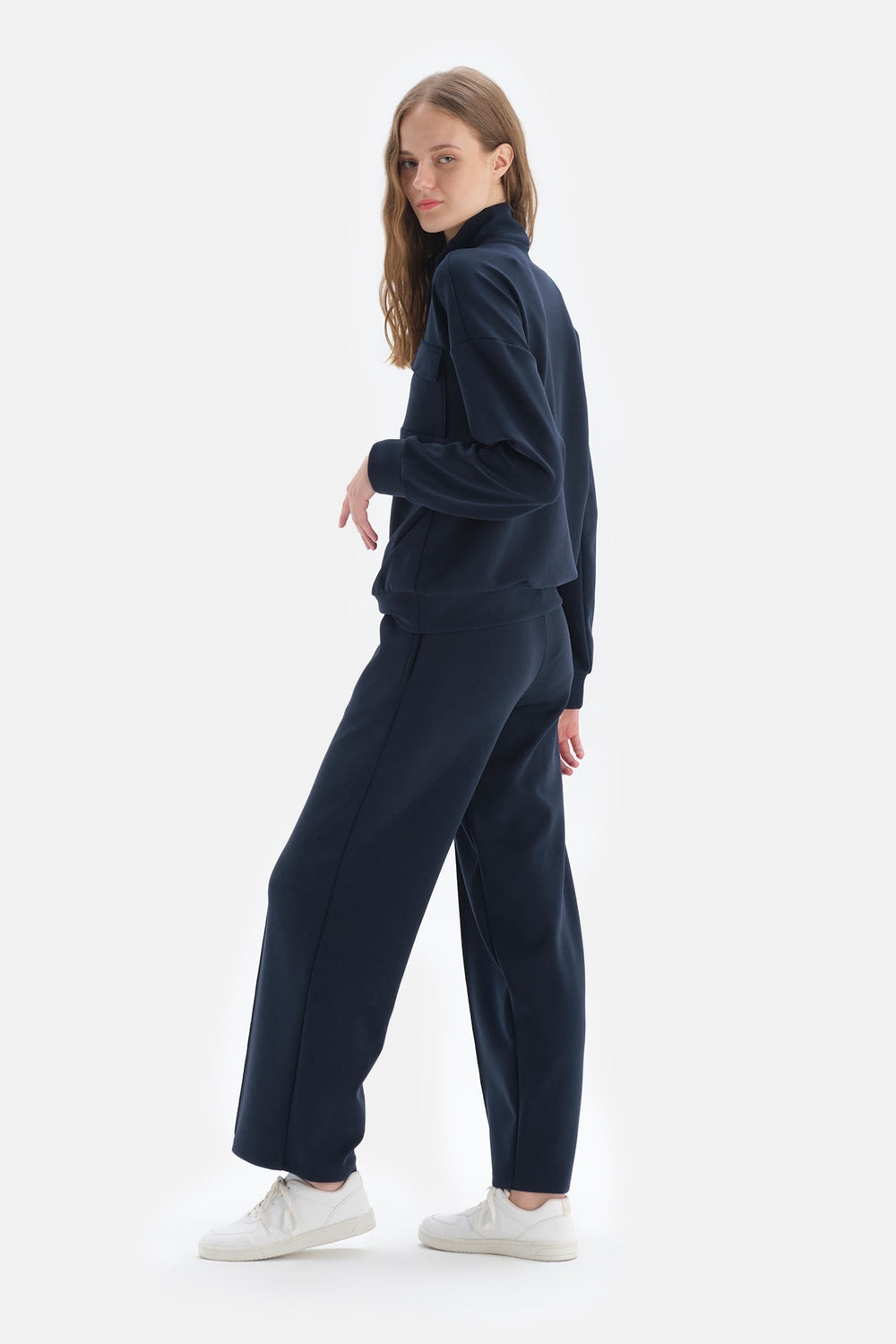 Lacivert Beli Lastikli Nervürlü Pantolon