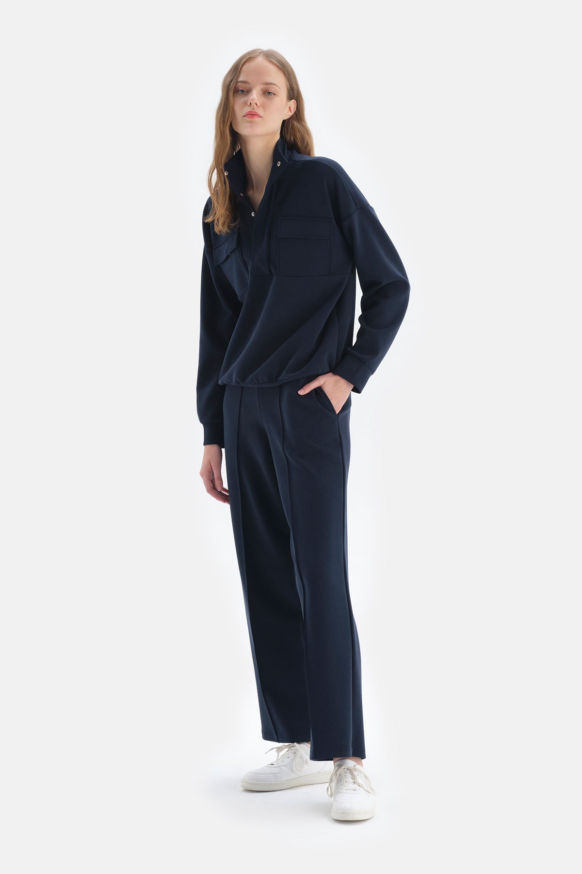 Lacivert Beli Lastikli Nervürlü Pantolon