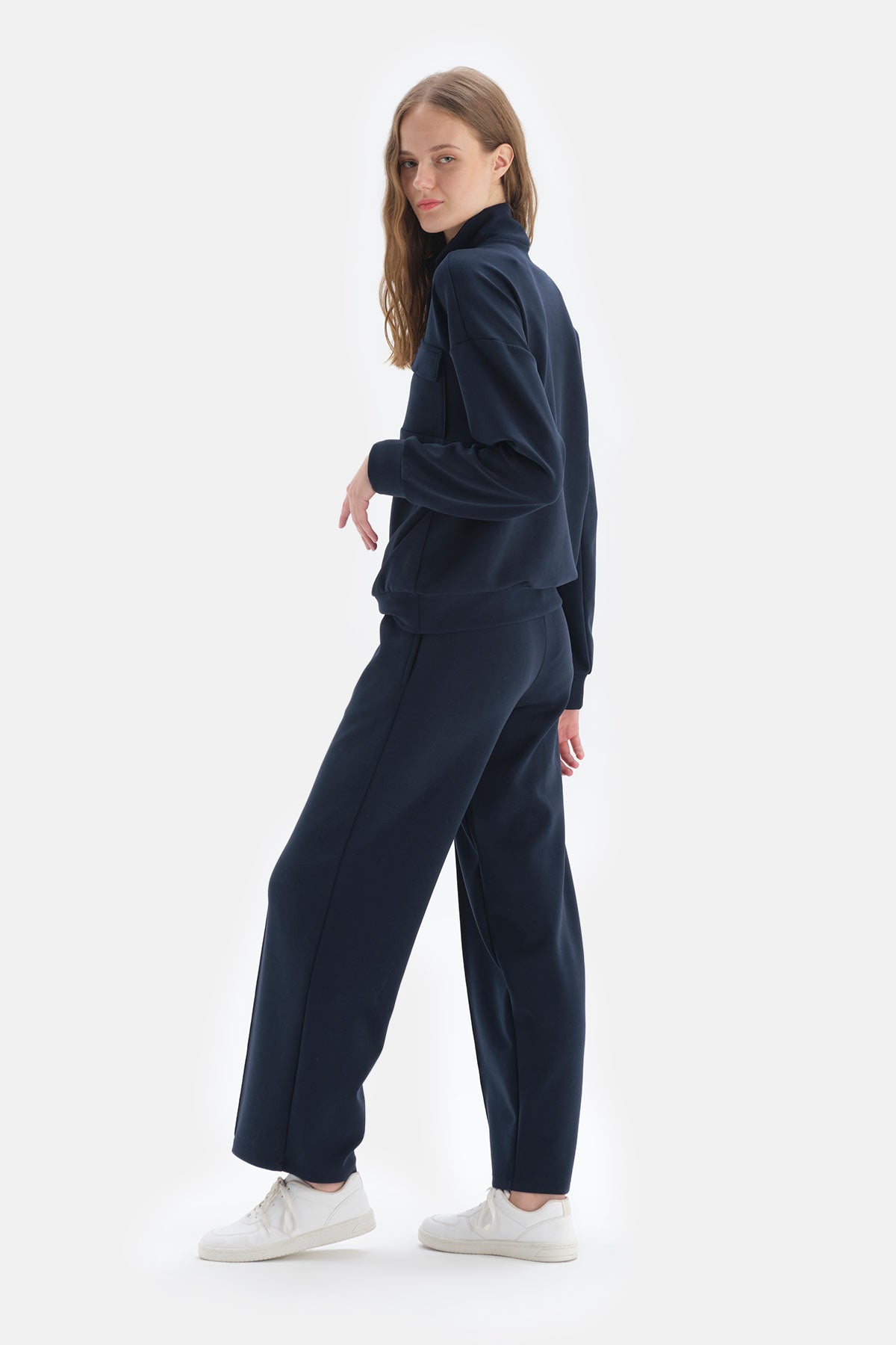 Lacivert Beli Lastikli Nervürlü Pantolon