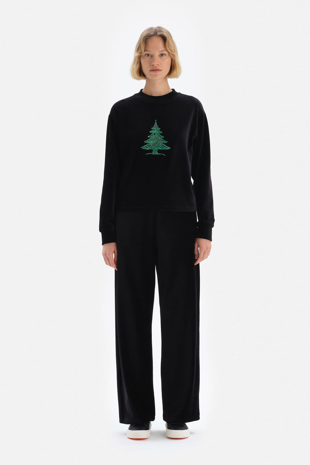 Siyah Bol Paça Yanlar Cepli Kadife Eşofman Altı