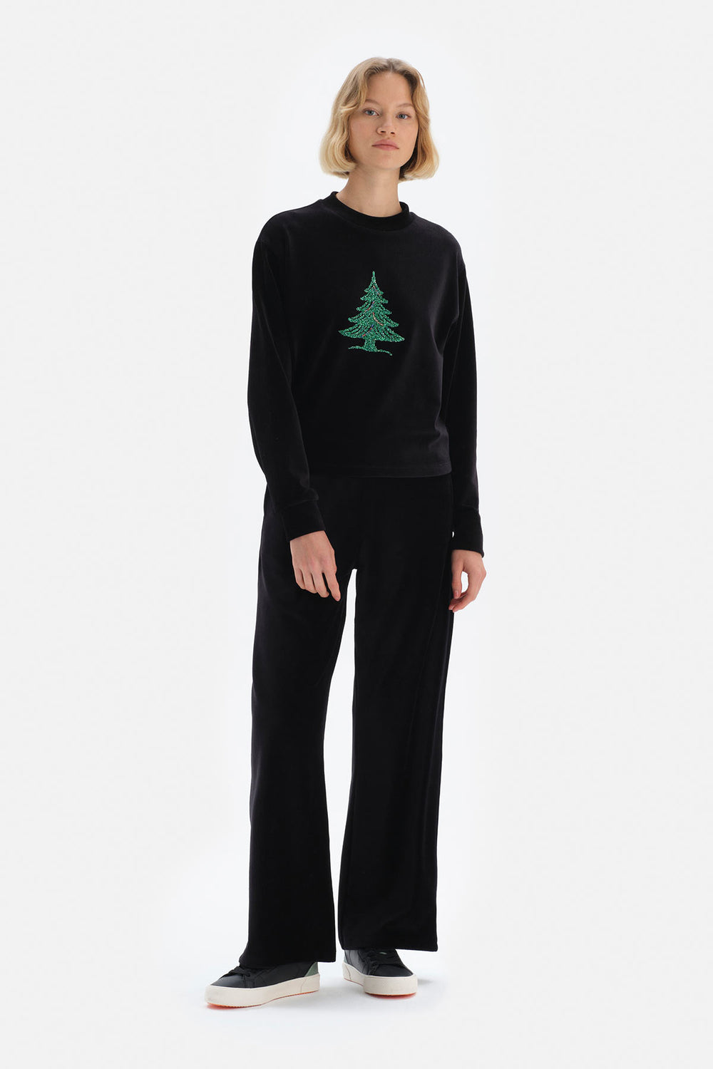 Siyah Bol Paça Yanlar Cepli Kadife Eşofman Altı