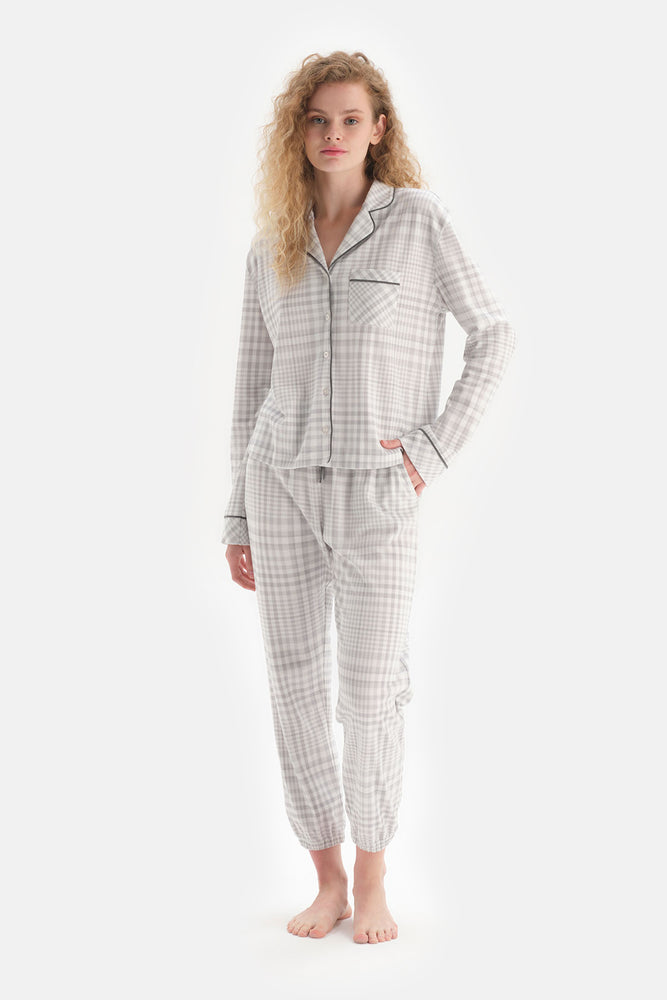 Ekru Ekoseli Ceket Yaka Pamuklu Pijama Takımı