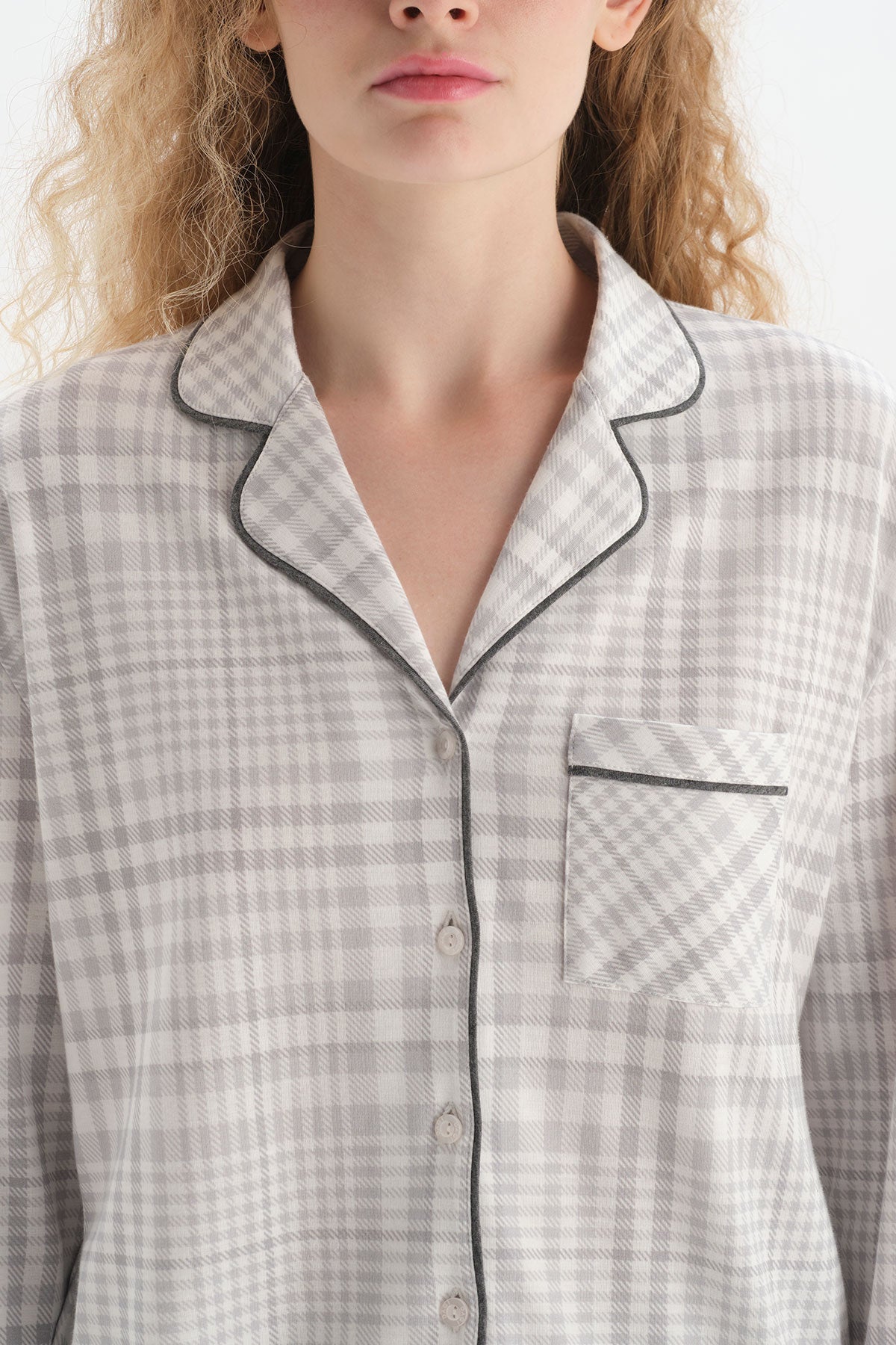 Ekru Ekoseli Ceket Yaka Pamuklu Pijama Takımı