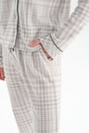 Ekru Ekoseli Ceket Yaka Pamuklu Pijama Takımı