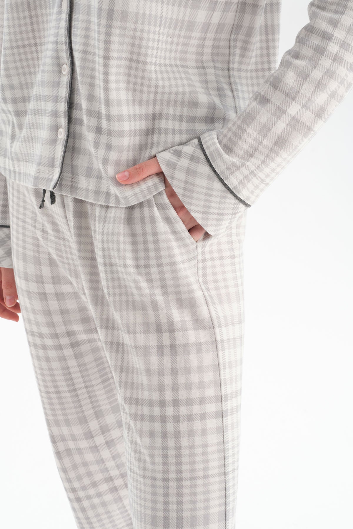 Ekru Ekoseli Ceket Yaka Pamuklu Pijama Takımı