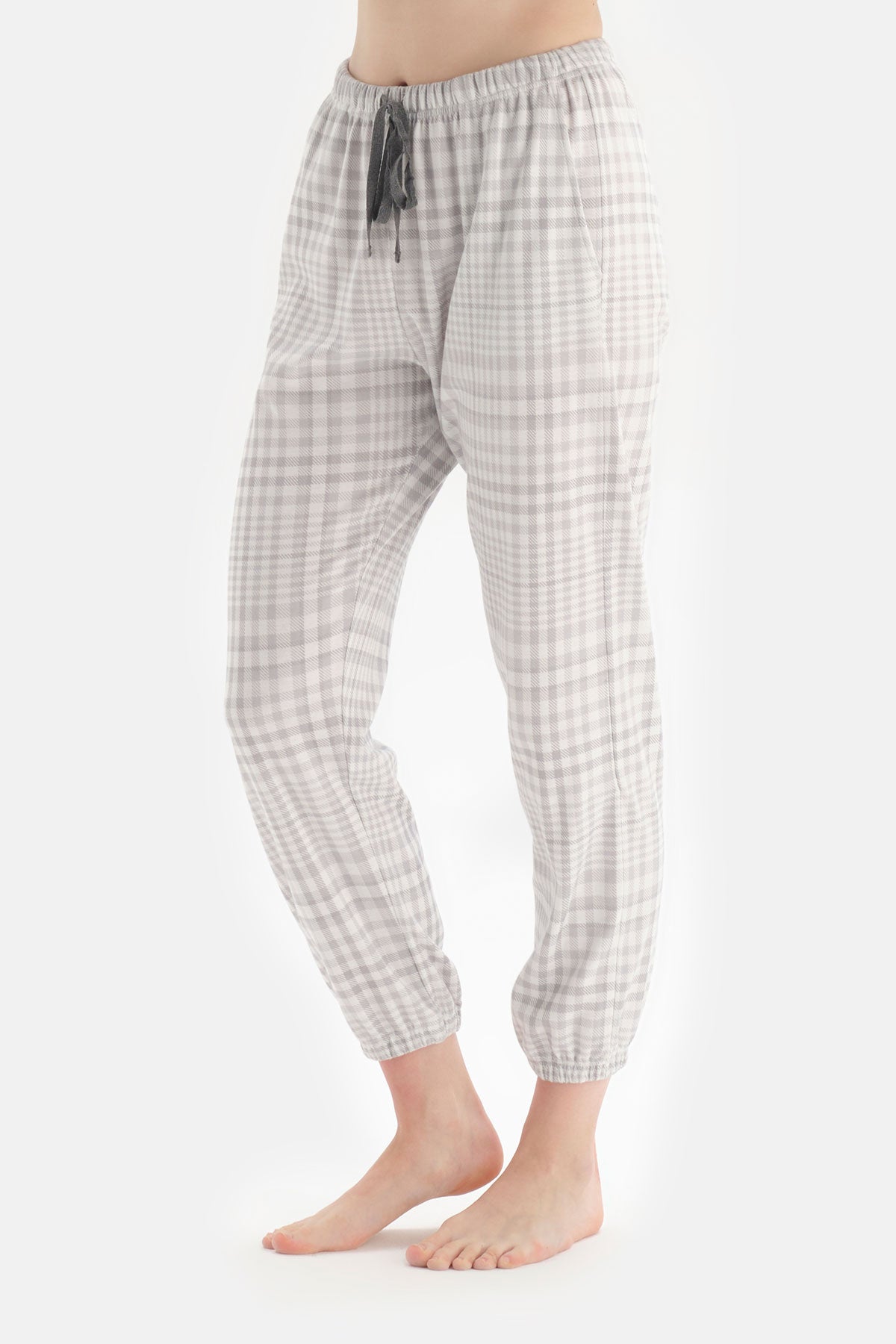 Ekru Ekoseli Ceket Yaka Pamuklu Pijama Takımı