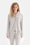 Ekru Ekoseli Ceket Yaka Pamuklu Pijama Takımı