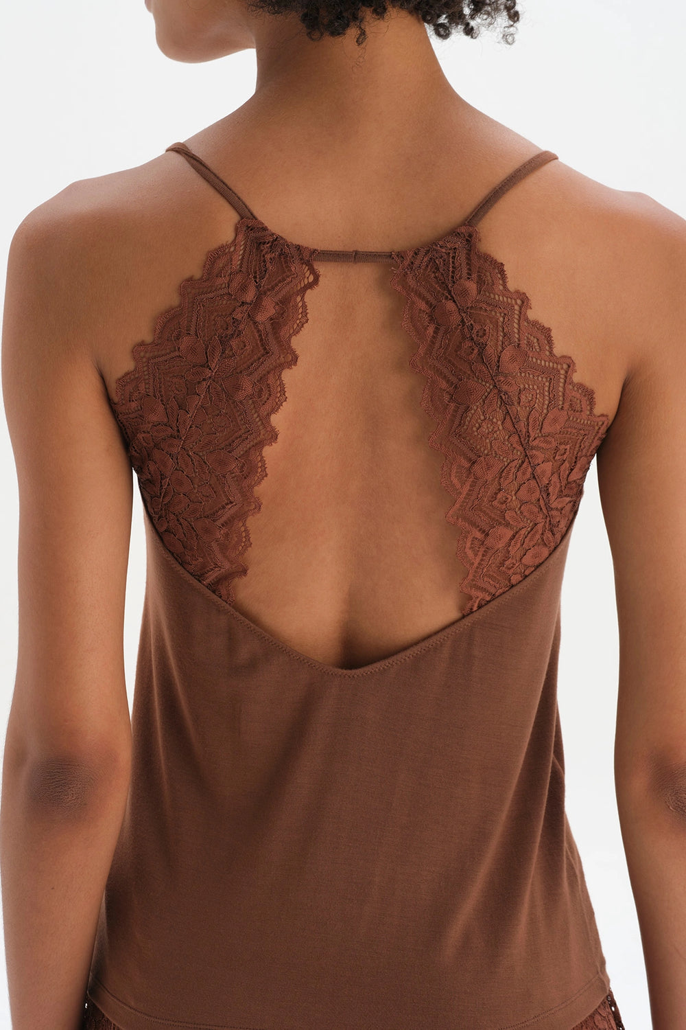 Kahverengi Askılı Dantel Detaylı Modal Pijama Takımı