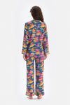 Multicolour Metraj Baskılı Gömlek Yaka Saten Pijama Takımı