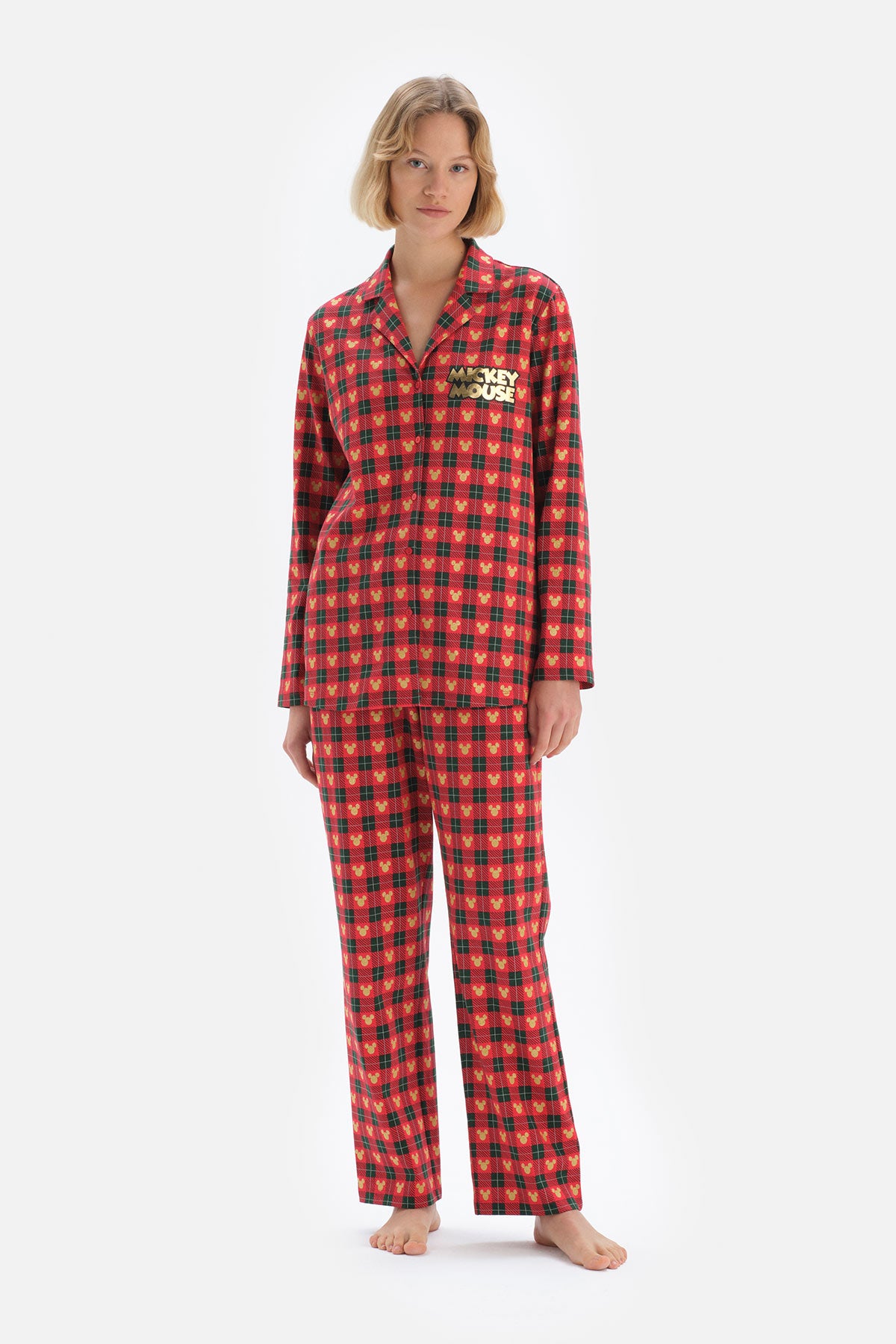 Kırmızı Gömlek Yaka Minnie Mouse Baskılı Lisanslı Pamuk Pijama Takımı