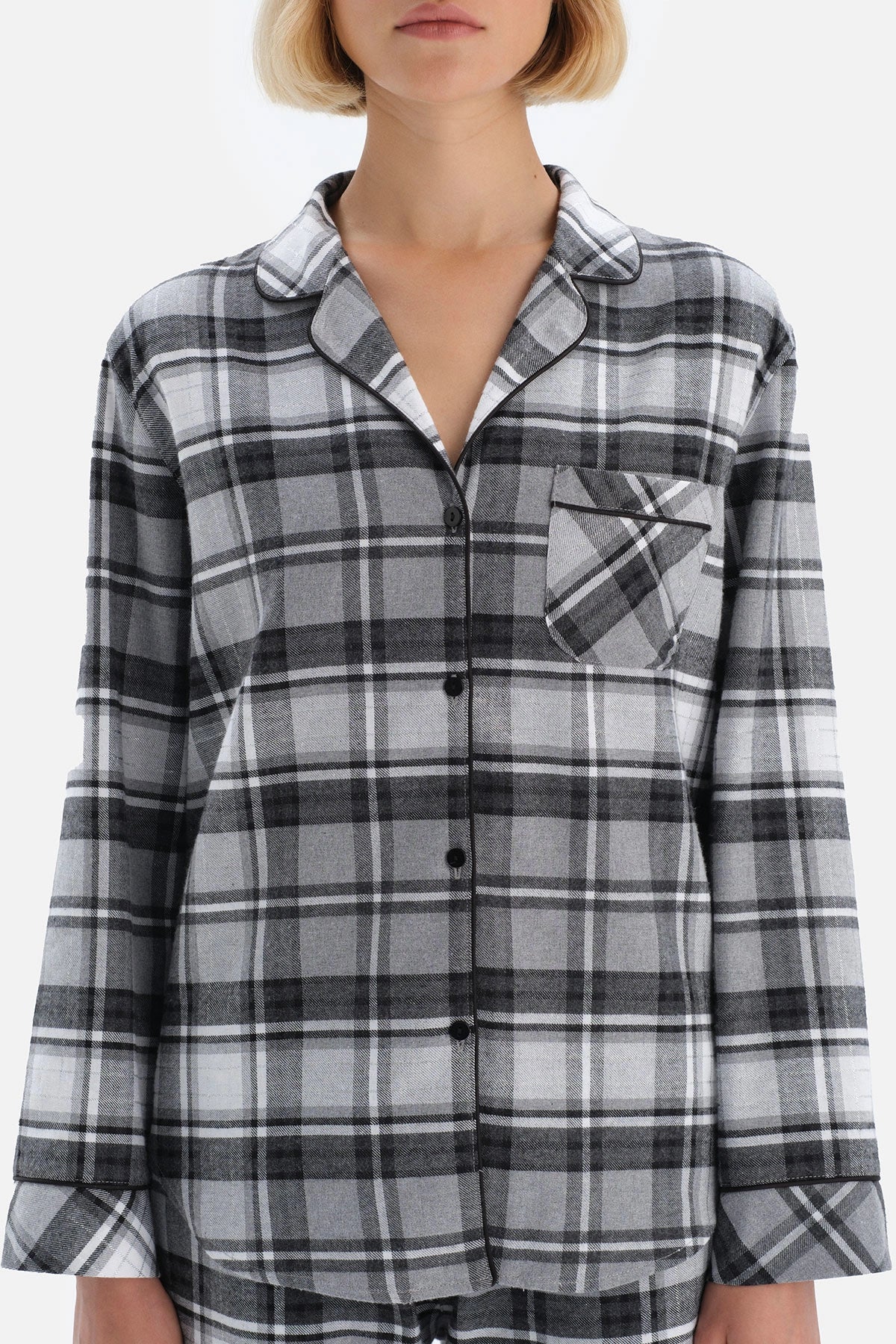 Gri Ekoseli Gömlek Yaka Pamuklu Pijama Takımı