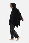 Siyah Saç Örgülü Kapüşonlu Polar Panço