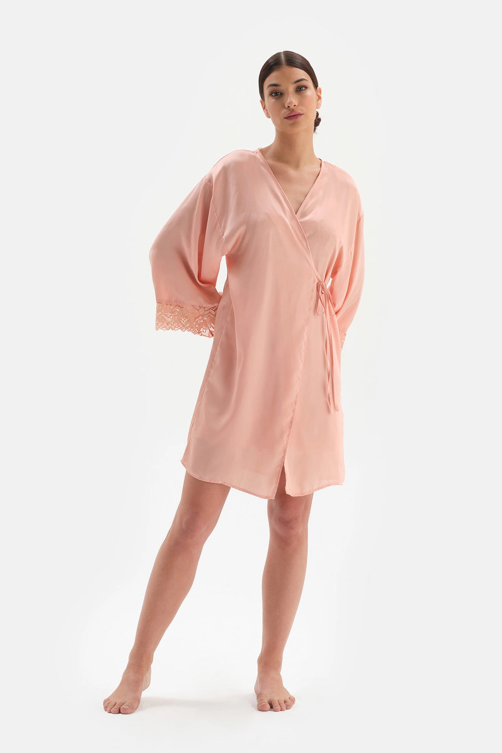 Somon Dantel Detaylı Bağlamalı Saten Sabahlık