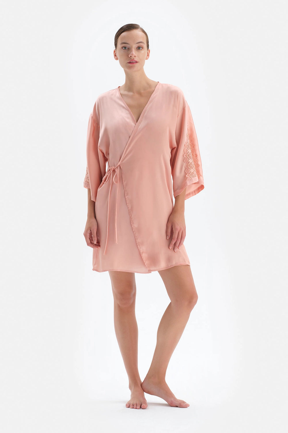 Somon Dantel Detaylı Bağlamalı Saten Sabahlık