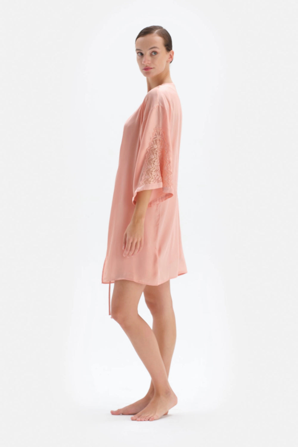 Somon Dantel Detaylı Bağlamalı Saten Sabahlık